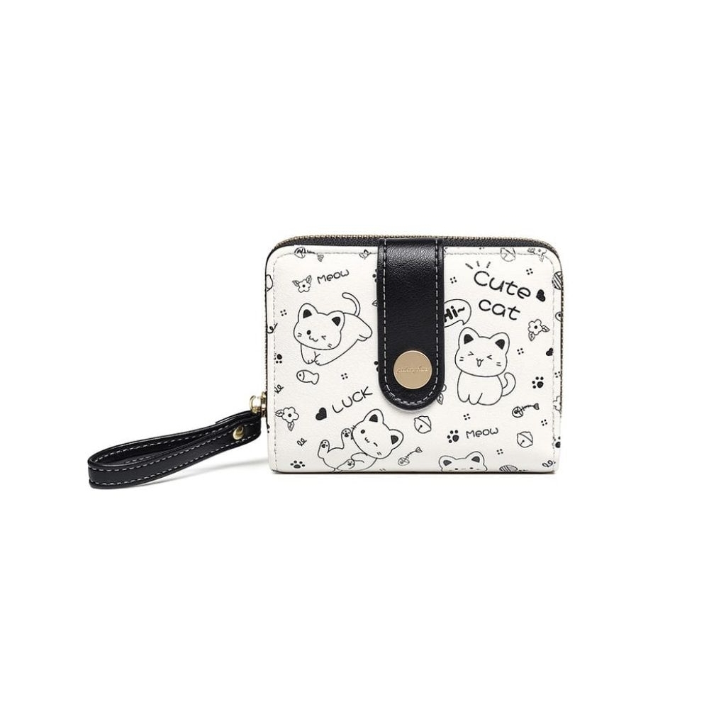 Dompet Wanita Mini Motif Kucing - Hitam, Kapasitas Besar, Kulit Sintetis Lembut