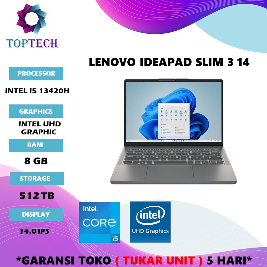 LAPTOP LENOVO IDEAPAD SLIM 3 14 I5 13420H RAM 8GB VGA 512GB W11+OHS+M365B 14.0WUXGA IPS BLIT 2Y PREM
