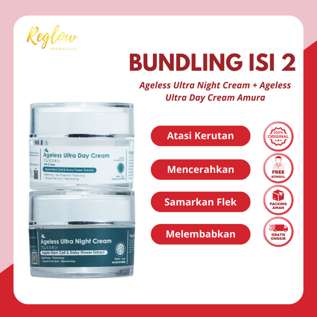 Bundling Ageless Ultra Day & Ageless Ultra Night Cream Amura 10g - Anti Penuaan, Mencerahkan Dan Mel