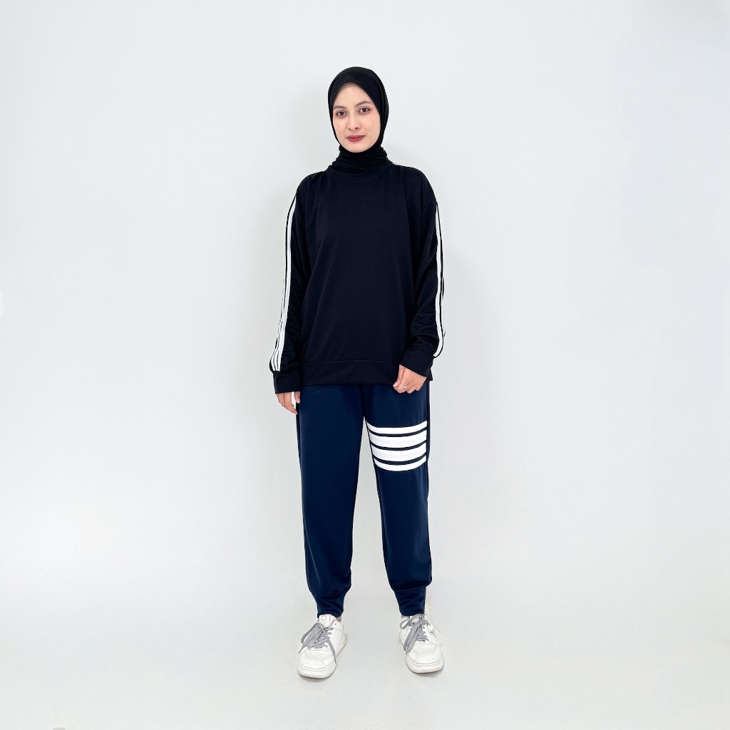 Lezahrasignature Setelan Baju Olahraga Muslim Wanita Sweatshirt Oversize Jogger Pinggang Karet Sport