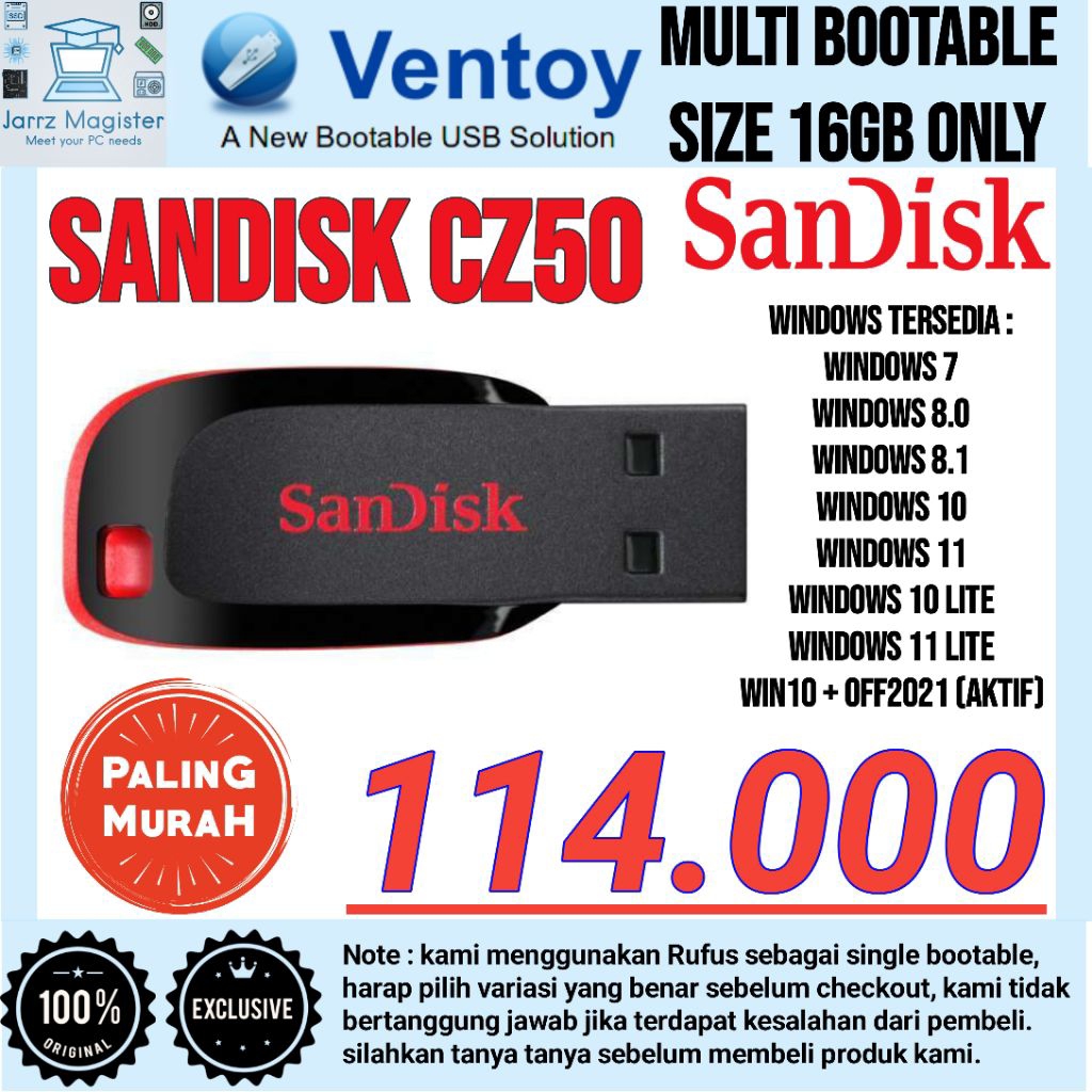 Flashdisk Bootable Windows 10 11 8.1 8.0 7 10 Lite 11 Lite |16GB| Sandisk CZ50 | ORI | Flash Drive