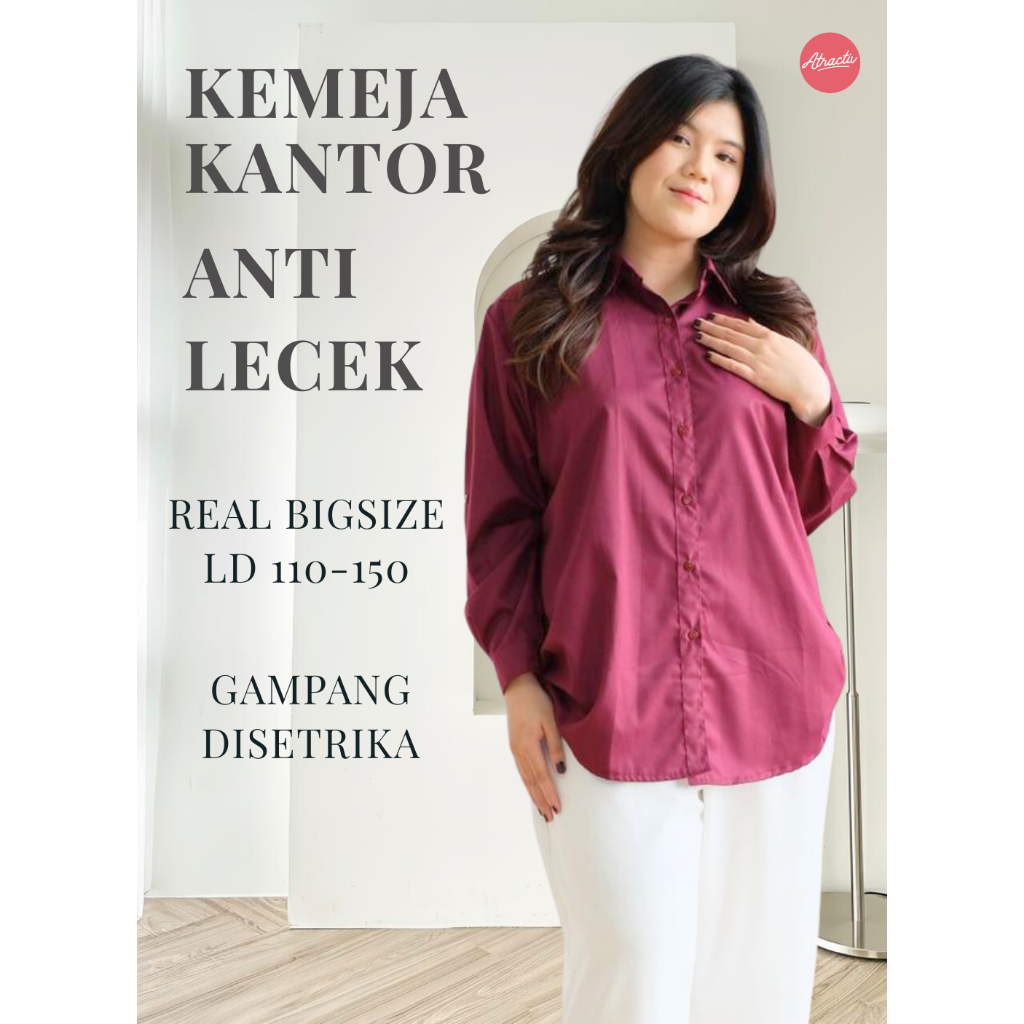 ATRACTIV Kemeja Kantor Anti Lecek Jumbo Wanita LD120 130 135 142 Kemeja Anti Kusut Lengan Panjang