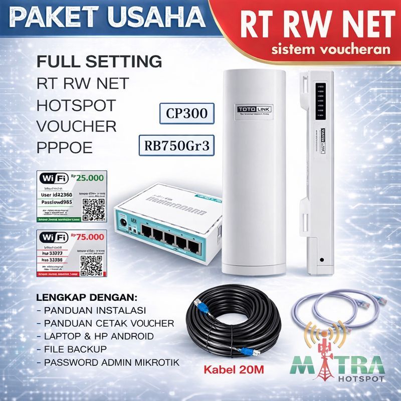 Paket Usaha Wifi Hotspot Voucher RT RW Net Lengkap Full Setting Totolink CP300 Mikrotik RB750Gr3