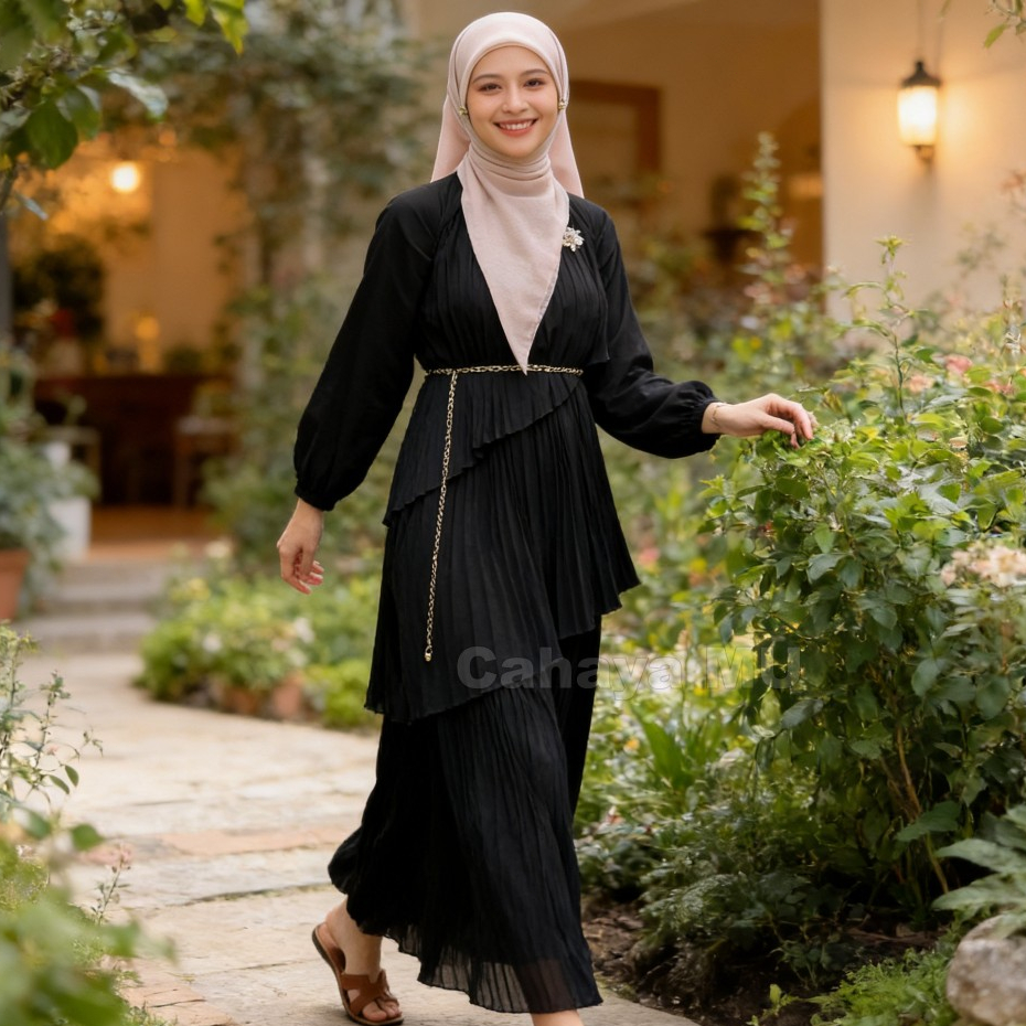 Gamis Hitam Wanita Pleats/Gamis Rayon Premium Lebaran Terbaru/Gamis Kondangan Pesta Mewah Elegan