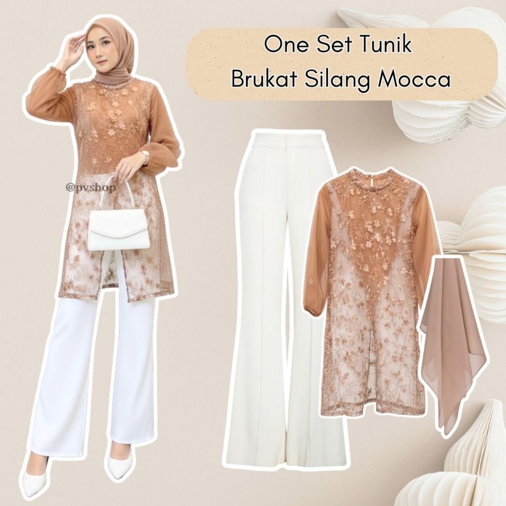 Oneset Tunik Brukat Silang Mocca 3in1 Celana Scuba Cutbray Hijab Bella Style Brokat Kondangan Baju L