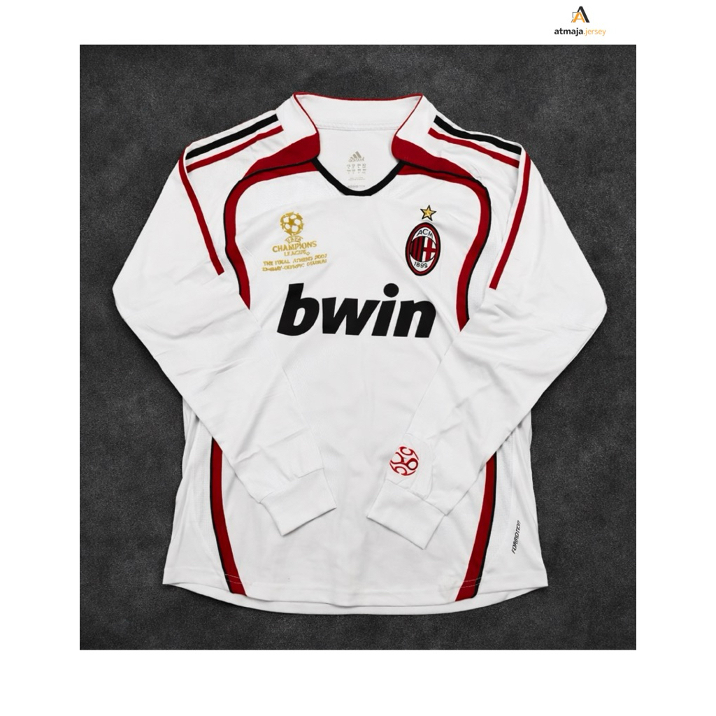 Jersey AC Milan Retro Away Putih Lengan Panjang | Kaos Bola Milan Klasik | Dryfit Premium