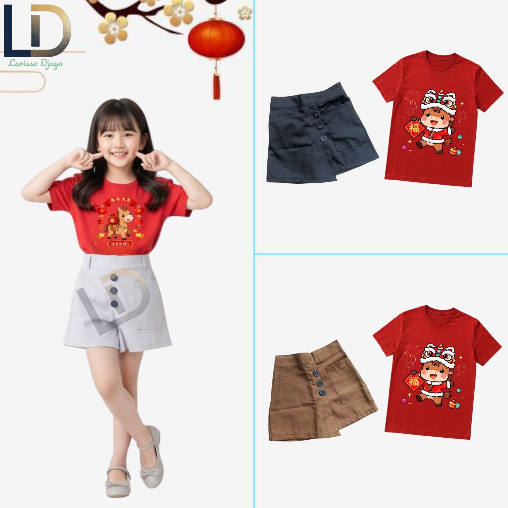 Setelan Baju Spesial Imlek Anak Perempuan Motif Kuda Keberuntungan Premium (1-12 Tahun