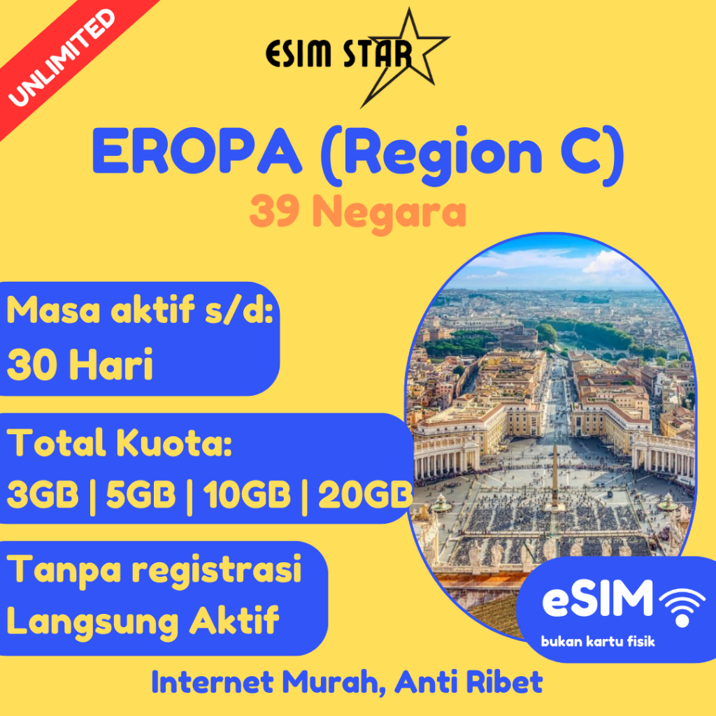 esimstar - ESIM EROPA EUROPE Region C | France, Germany, Spain, Switzerland, Vatican, UK | Travel SI
