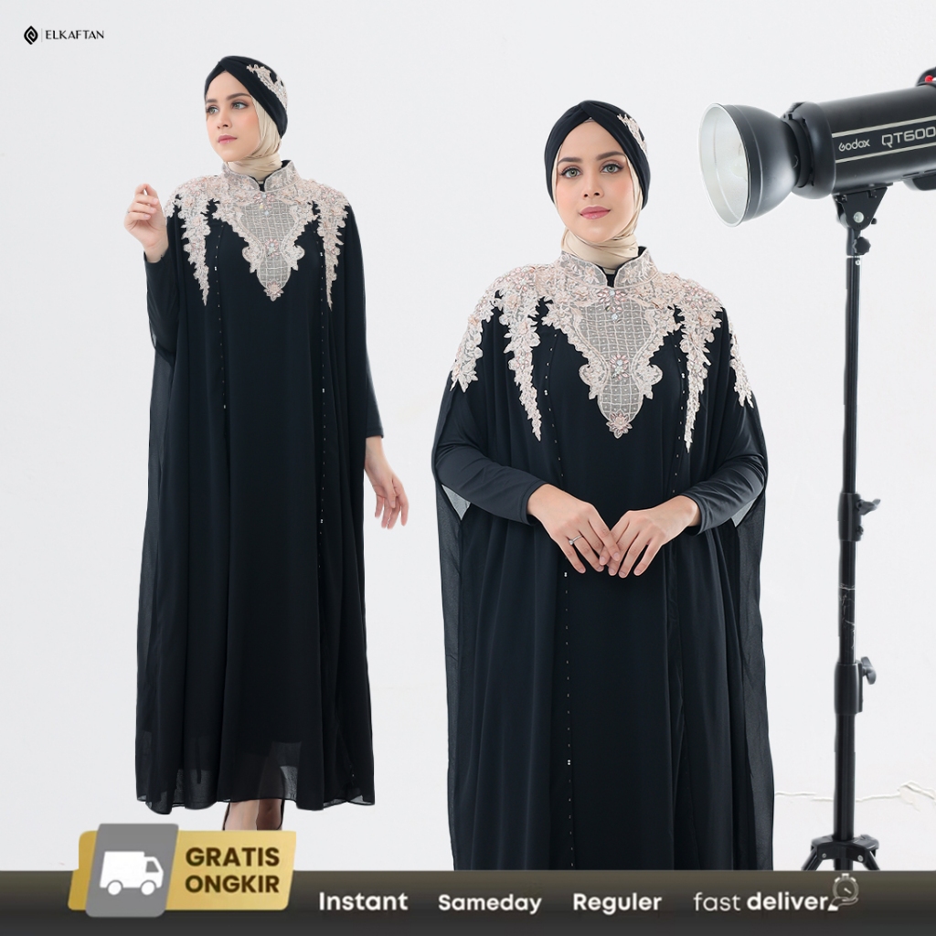 Elkaftan - Aurel Baju Abaya Kaftan Modern Lebaran Premium Simple Elegan Set Turban Muslim Wanita