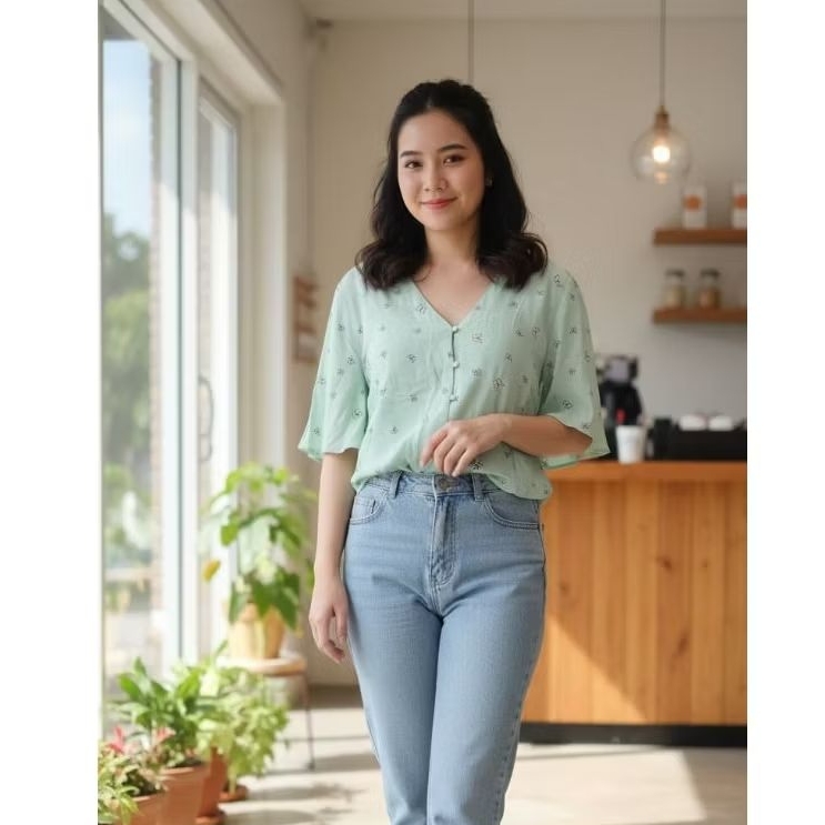 Baju Wanita Blouse Hijau Mint Motif Kupu-Kupu Preloved