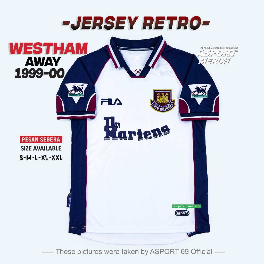 JERSEY RETRO WESTHAM 1999 2000 AWAY DR MARTENS PUTIH