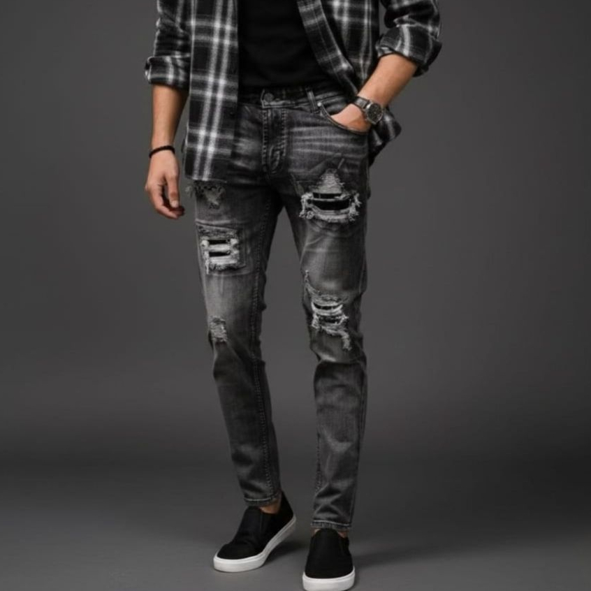 Celana Panjang Jeans Pria Robek Lapis Stretch Melar Denim 2026 Sobek Lutut Desain Streetwear