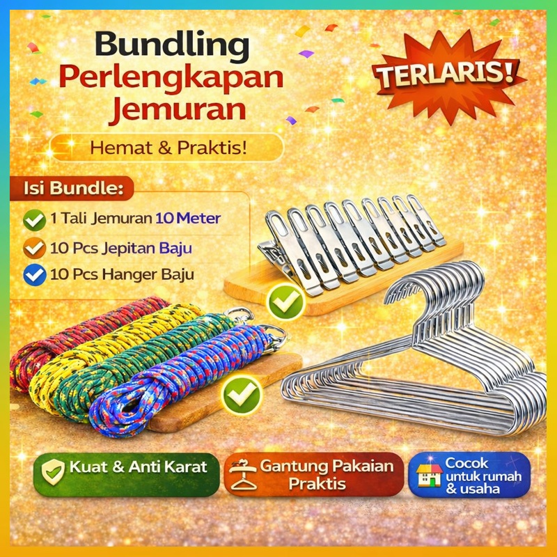 [PAKET BUNDLING] Tali Jemuran Baju + Jepitan Baju Stainless + Hanger Baju Set Perlengkapan Jemur Pak