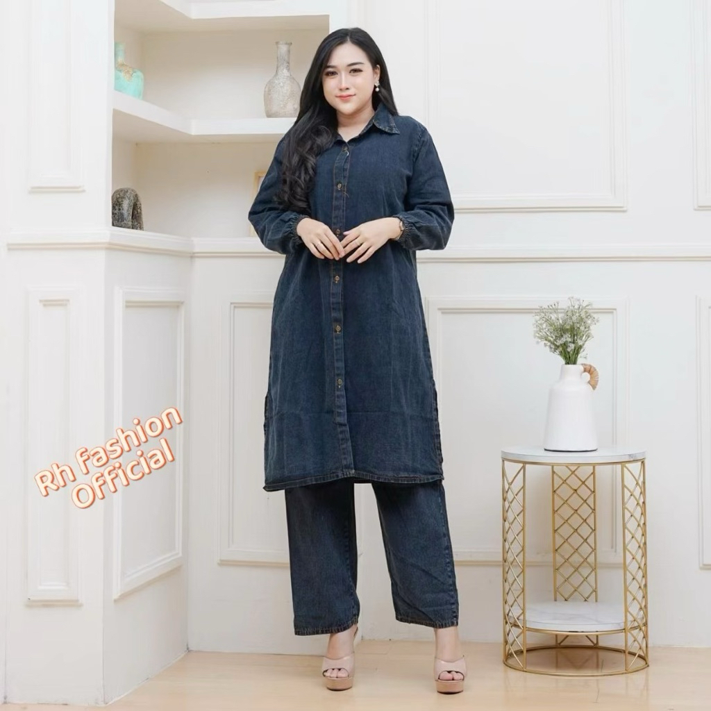 Setelan jeans Tunik Wanita Kekinian Atasan jeans tunik + Celana Jeans Ori Kulot Setelan Denim Tunik 