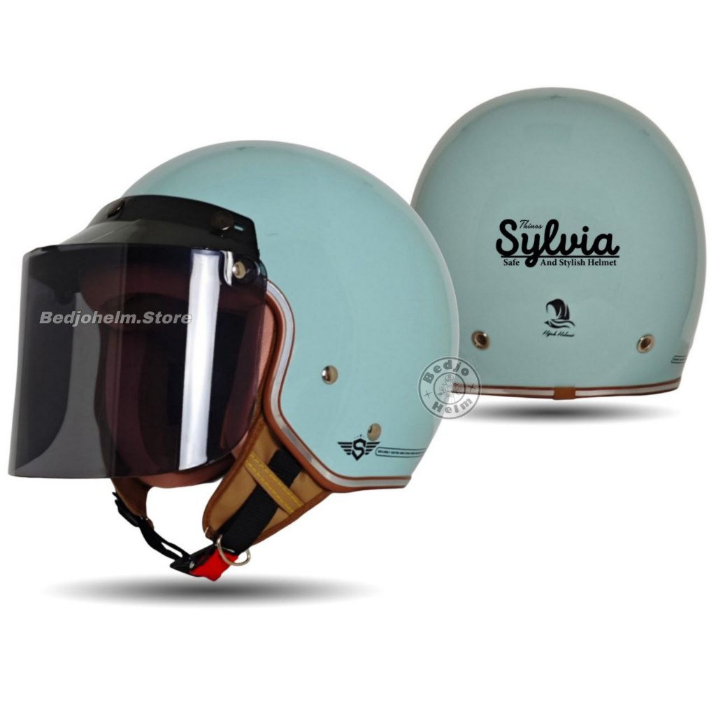 ​Helm Bogo Retro Sylvia Hijab Friendly Original - Helm Wanita Muslimah Sni Kaca Datar Smoke -  Hijau