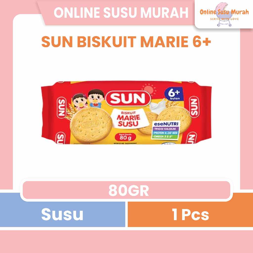SUN BISKUIT MARIE SUSU 80GR 6 + USIA 6 BULAN KE ATAS BISCUIT SNACK BAYI 80 GR 6+ PRLA