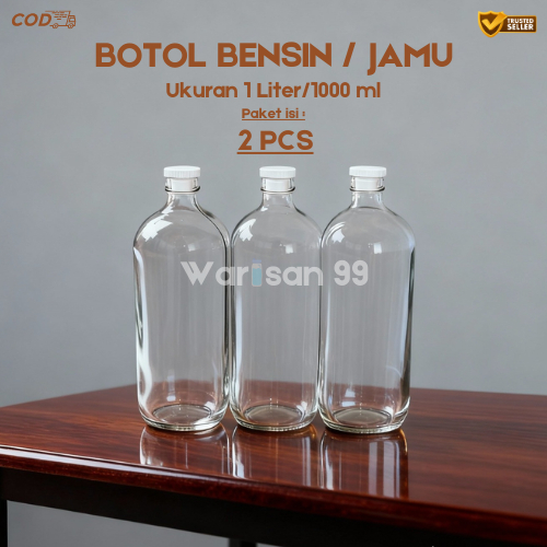 [Paket Isi 2] Botol Bensin Kaca 1 Liter (1000 ml) | Botol Jamu Kaca Tebal | Tutup Tekan