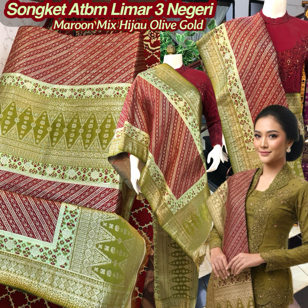 Songket Atbm Limar 3 Negeri Exclusive Nuansa Hijau / Songket Tenun Mesin Palembang / Motif Pulir
