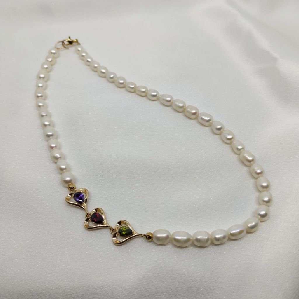 Kalung Batu Alam Mutiara Bali Batu Hitam Turquois Pink Ungu Fashion Wanita