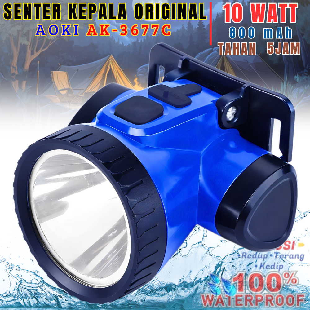 Headlamp/Senter Kepala Anti Air Aoki Ak-3677c (10 Watt) | Senter Kepala Led Super Terang Baterai 800