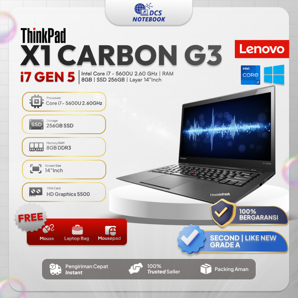 Laptop Murah LENOVO THINKPAD X1 CARBON G3 Intel i7 Gen 5 | RAM 8GB | SSD 256GB | Layar 14"Inch - GRA