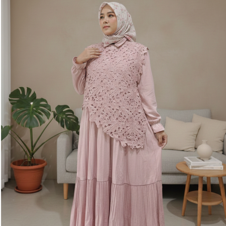 Gamis Import Bangkok Bkk Premium Plisket Suede Vest Bordir Kerancang Butikan + Free Belt