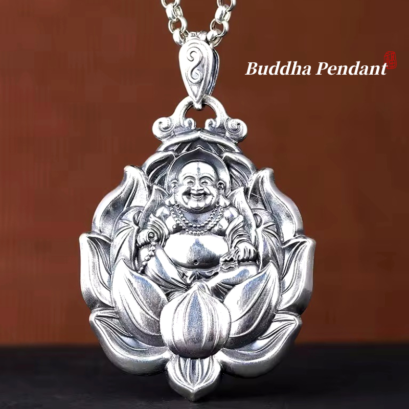 Kalung Liontin Perak Maitreya Buddha Guanyin - Gaya Etnik Retro Perak Thailand Uniseks, Membawa Kebe
