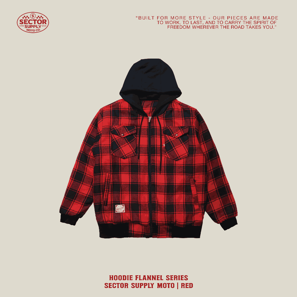 SECTOR Supply Hoodie Flannel "TARTAN" - RED Black Pria Sweater Fleece