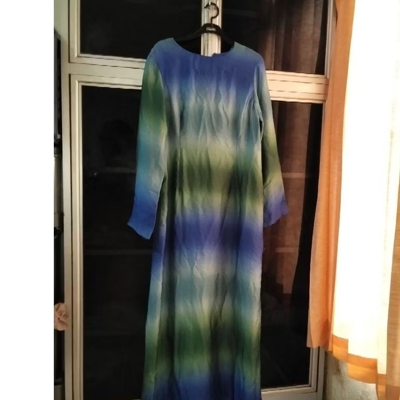 PRELOVED GAMIS SILK PREMIUM OMBRE BLUE GREEN - DRESS MUSLIMAH SATIN SILK GRADASI MEWAH LEBARAN