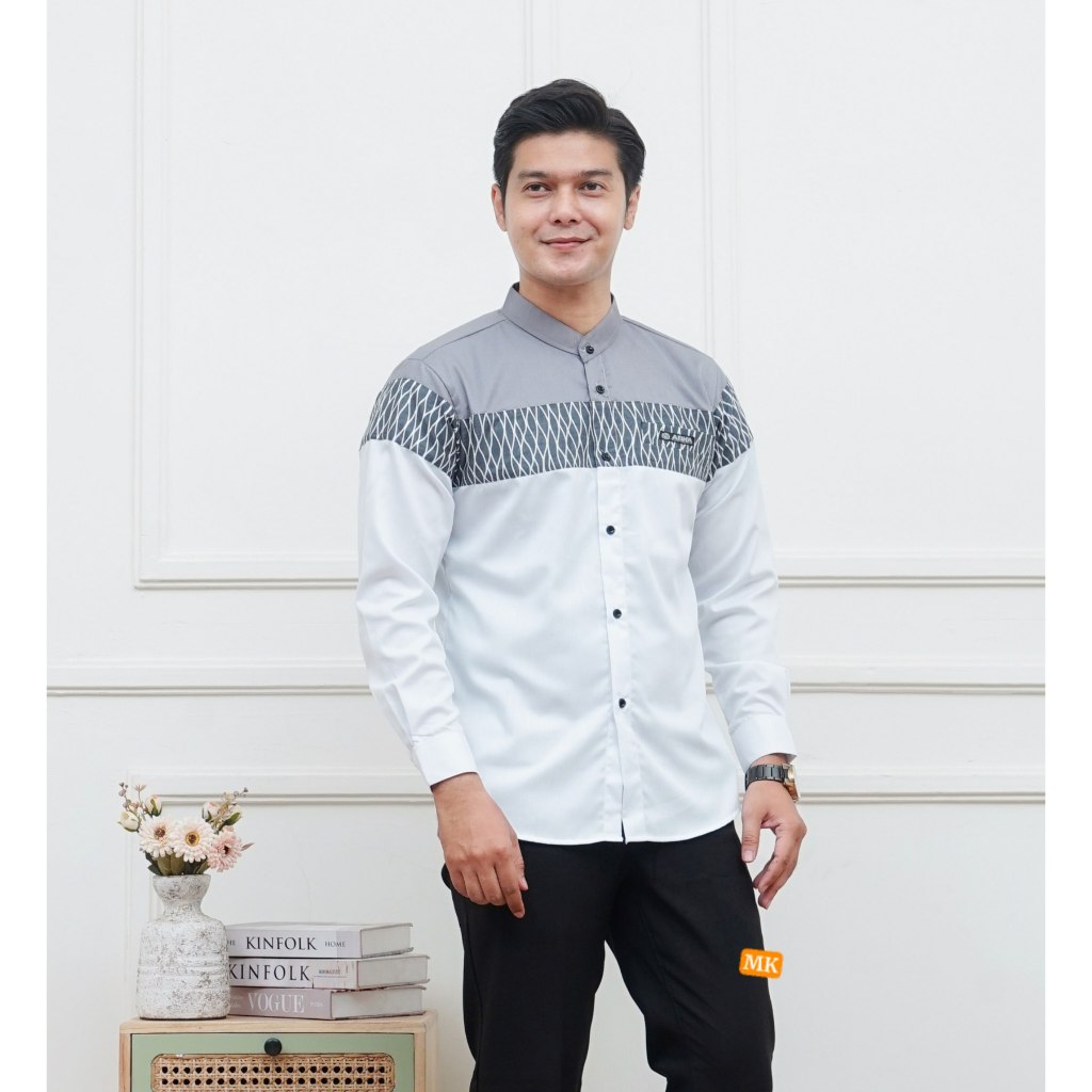 Abha - Baju Koko Pria Lengan Panjang - Baju Muslim Putih - Motif Garis