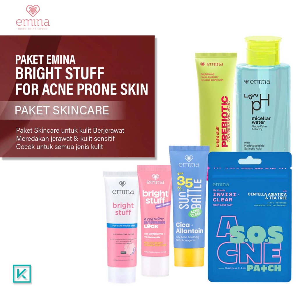 Paket Emina Bright Stuff for Acne Prone Skin - Paket Skincare Emina Redakan Jerawat Cerahkan Wajah