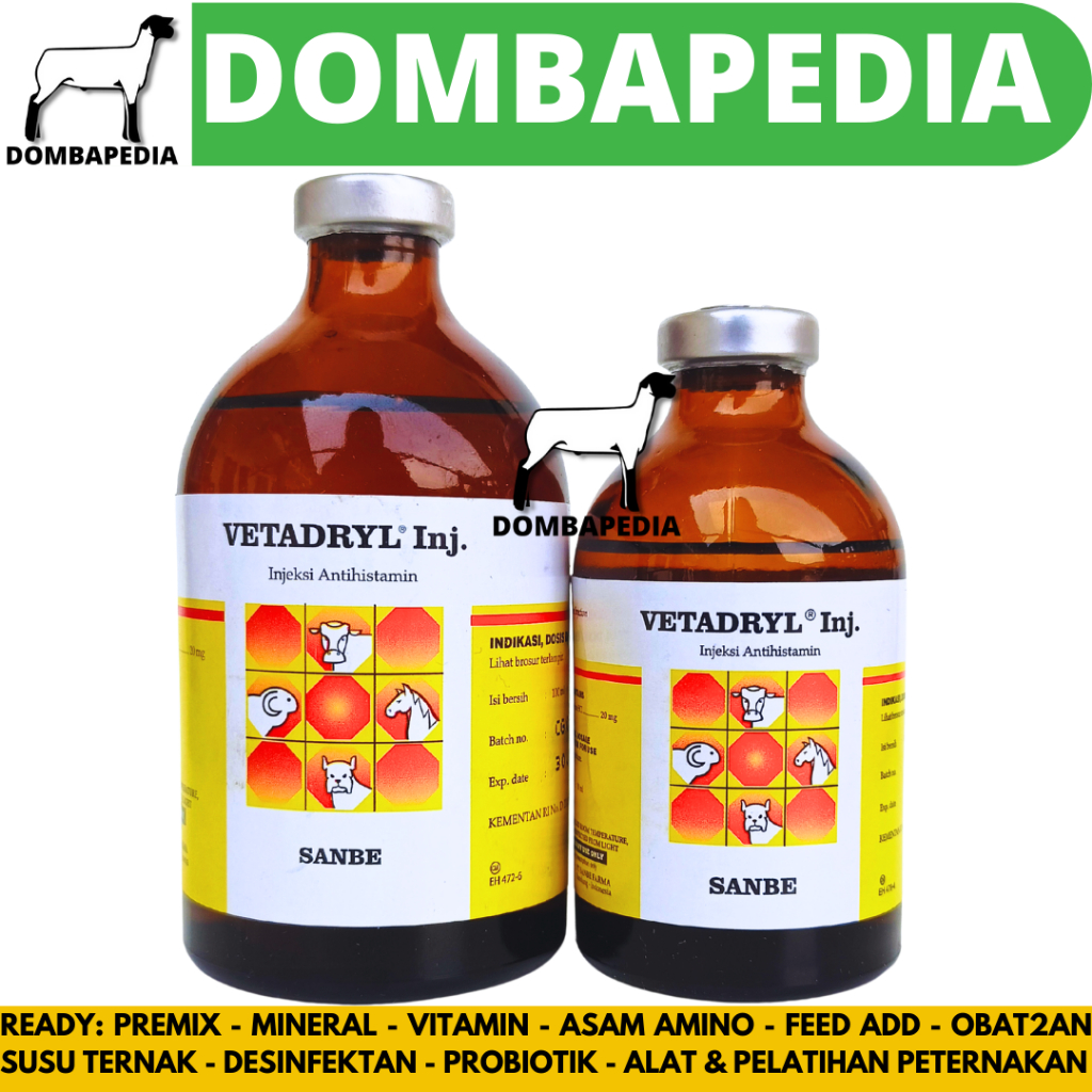 VETADRYL INJ 50ML VETADRYL INJ 100ML - Obat Hewan Antihistamin Ternak Sapi Kuda Kambing Babi Anjing