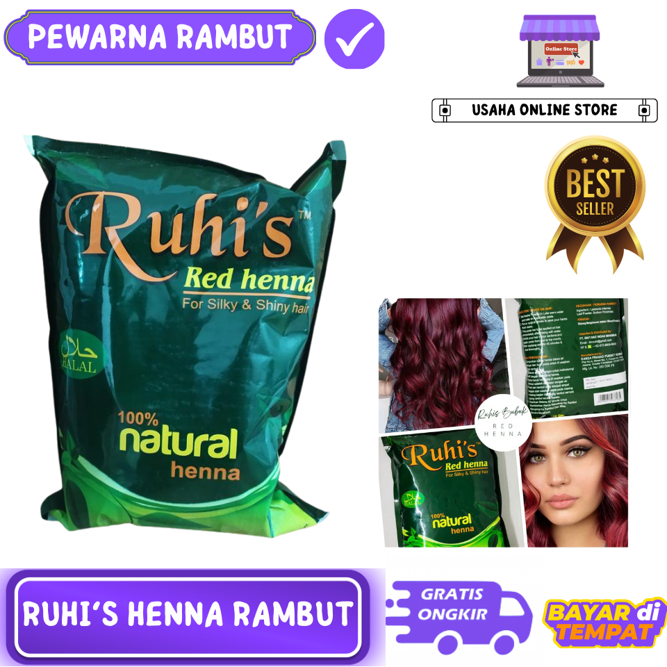 RUHIS HENNA RAMBUT BUBUK ISI 100GR I PEWARAN RAMBUT HALAL I RUHI'S RED NATURAL HENNA I HENNA RAMBUT 