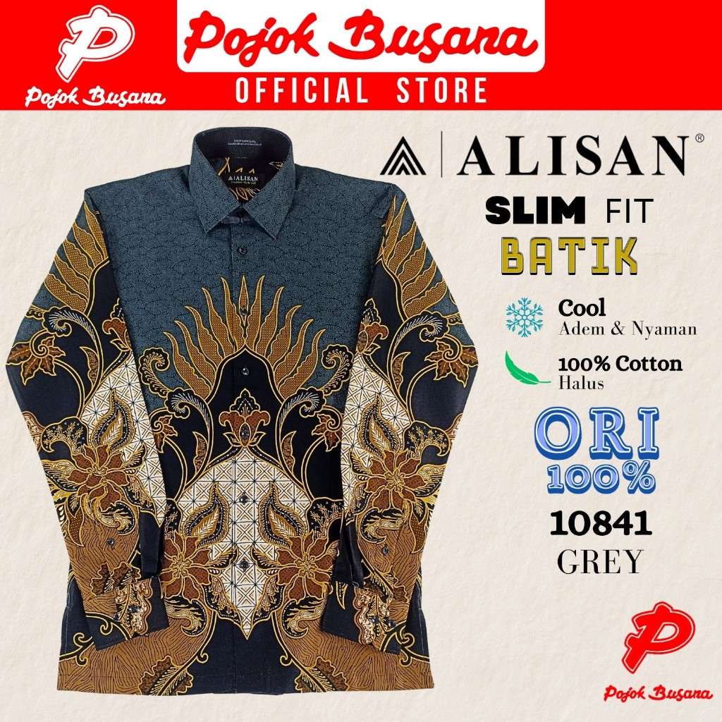 Pojok Busana Alisan Kemeja Lengan Panjang Batik Pria Slim Fit - Baju Batik Pesta Bisnis Formal Acara