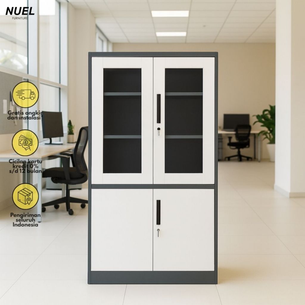 NUEL Kabinet / Lemari / Loker Pintu Kaca 2 Susun Dokumen Buku Multifungsi