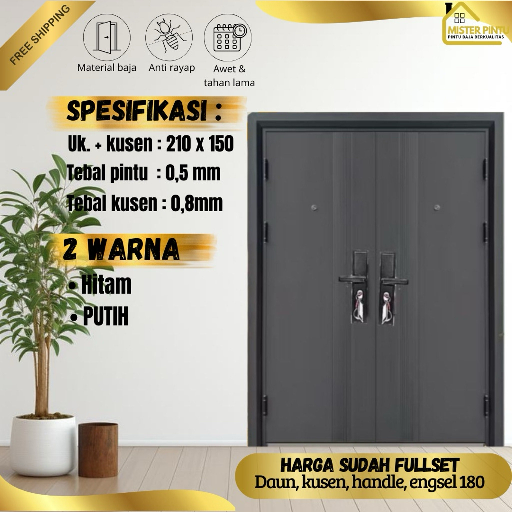 Pintu Baja Double Set / Pintu Utama Pintu Baja Set Pintu Plate Baja / Pintu + Kusen + Handle Anti Ka