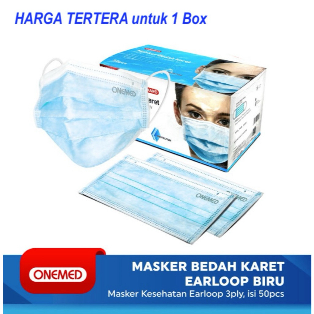 Masker Medis OneMed 3 Ply Earloop Putih 50 pcs - Lembut, Tahan Air, Nyaman Dipakai