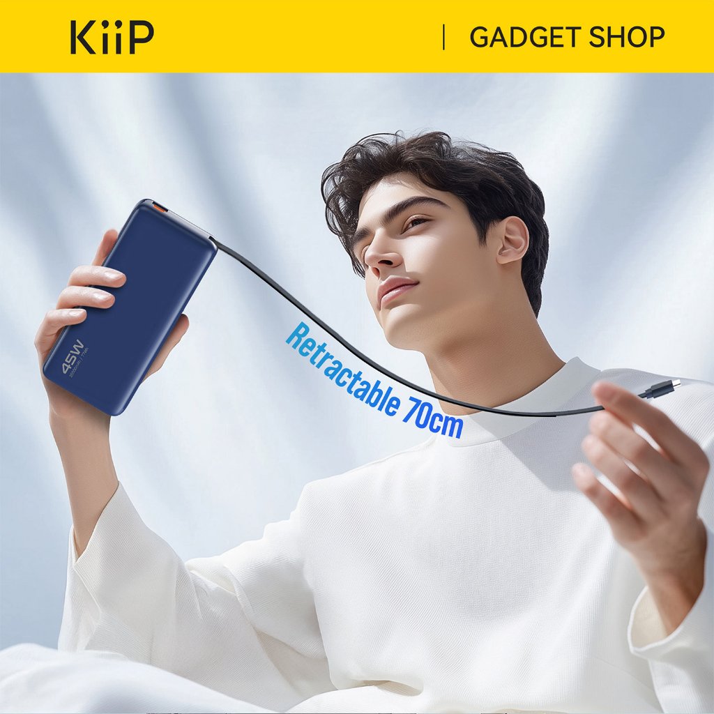 KiiP E66 PowerBank Retractable Cable 20000mAh PD QC PPS Fast Charging 45W