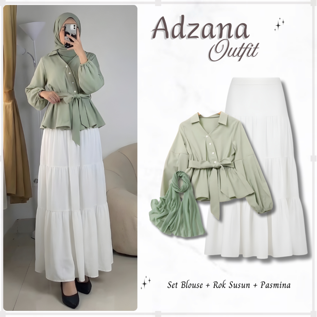 Adzana One Set 3in1 | Setelan Blouse + Rok Susun Putih & Pasmina Casual Look | Atasan Sage Prisil To