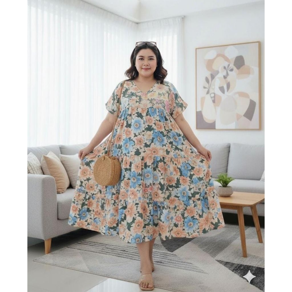 Dress Motif Rayon XXL/Masayu Home Dress Midi Korean motif Ruffle Kanzia/Dress masayu leopard