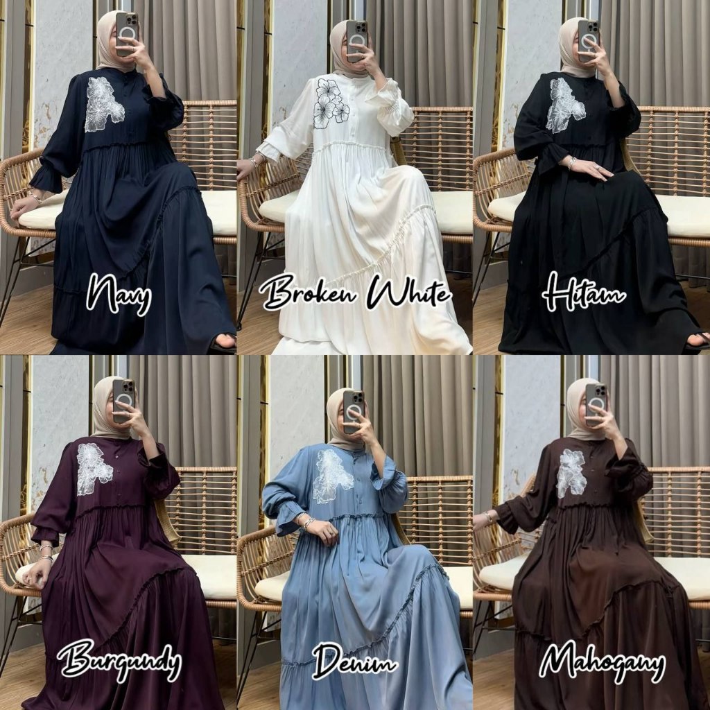 Gamis Bordir Bunga Jumbo Busui Friendly Rayon Twill Premium | Dress Mewah Klok Bordir Elegan LD 120