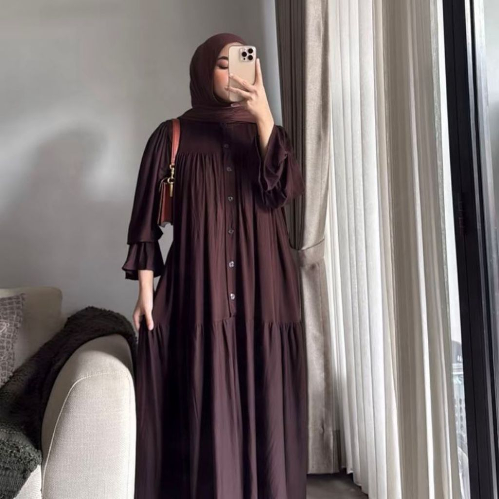 Dress Gamis Rayon Twill - Gamis Lebaran Model Lengan Balon Kancing Depan Busui Friendly LD 120cm Bes