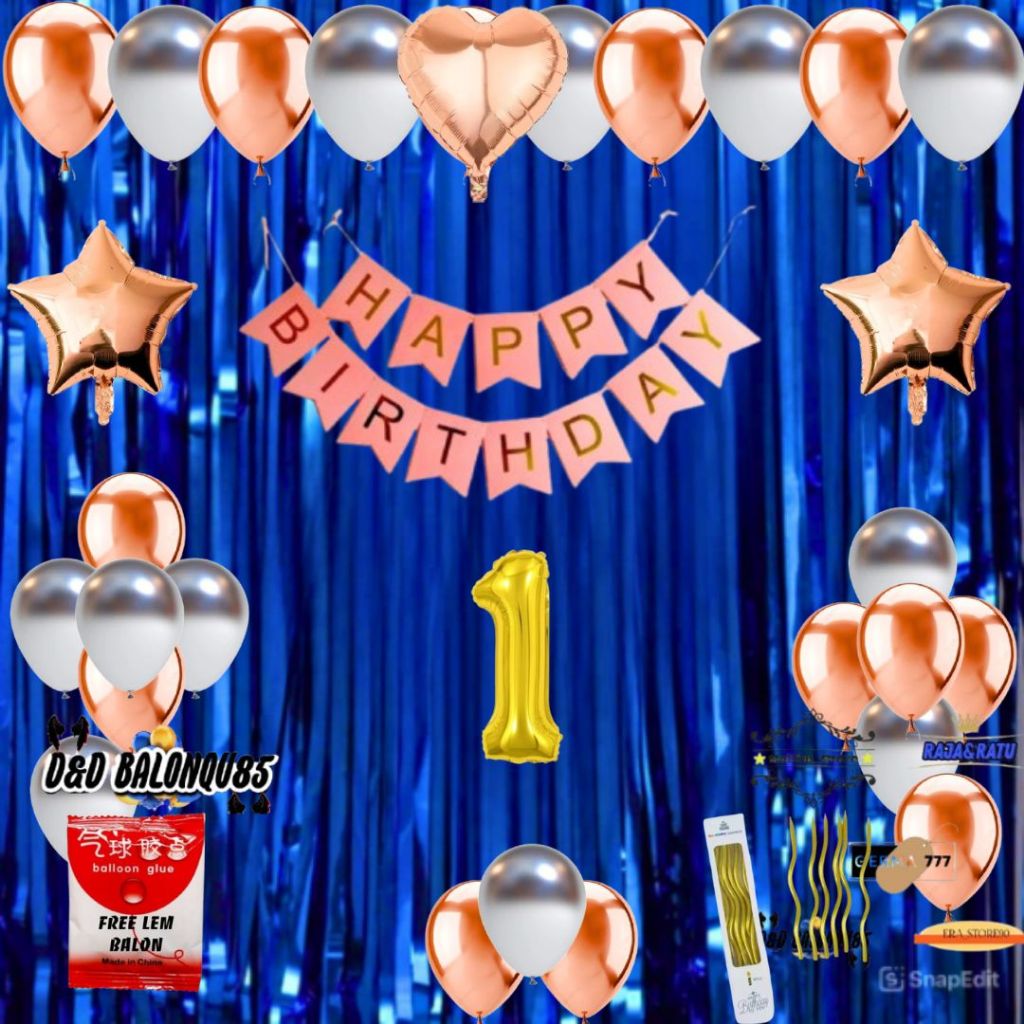 Paket Set Dekorasi Ulang Tahun Anak Balon Rosegold Mix Silver Tirai Foil Birutua Ultah Party