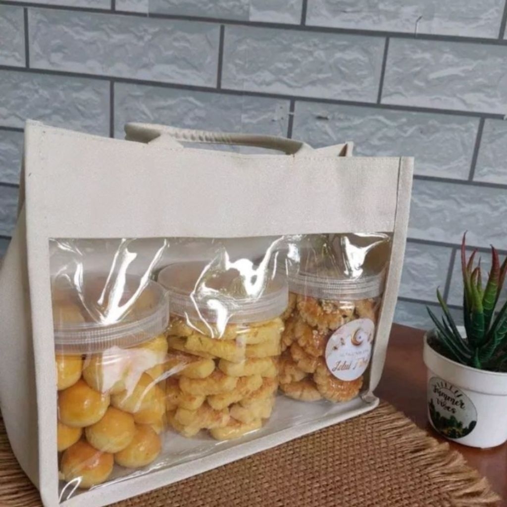 Tas Hampers Lebaran Bahan Mika Kombinasi Kanvas Bening Tranaparan