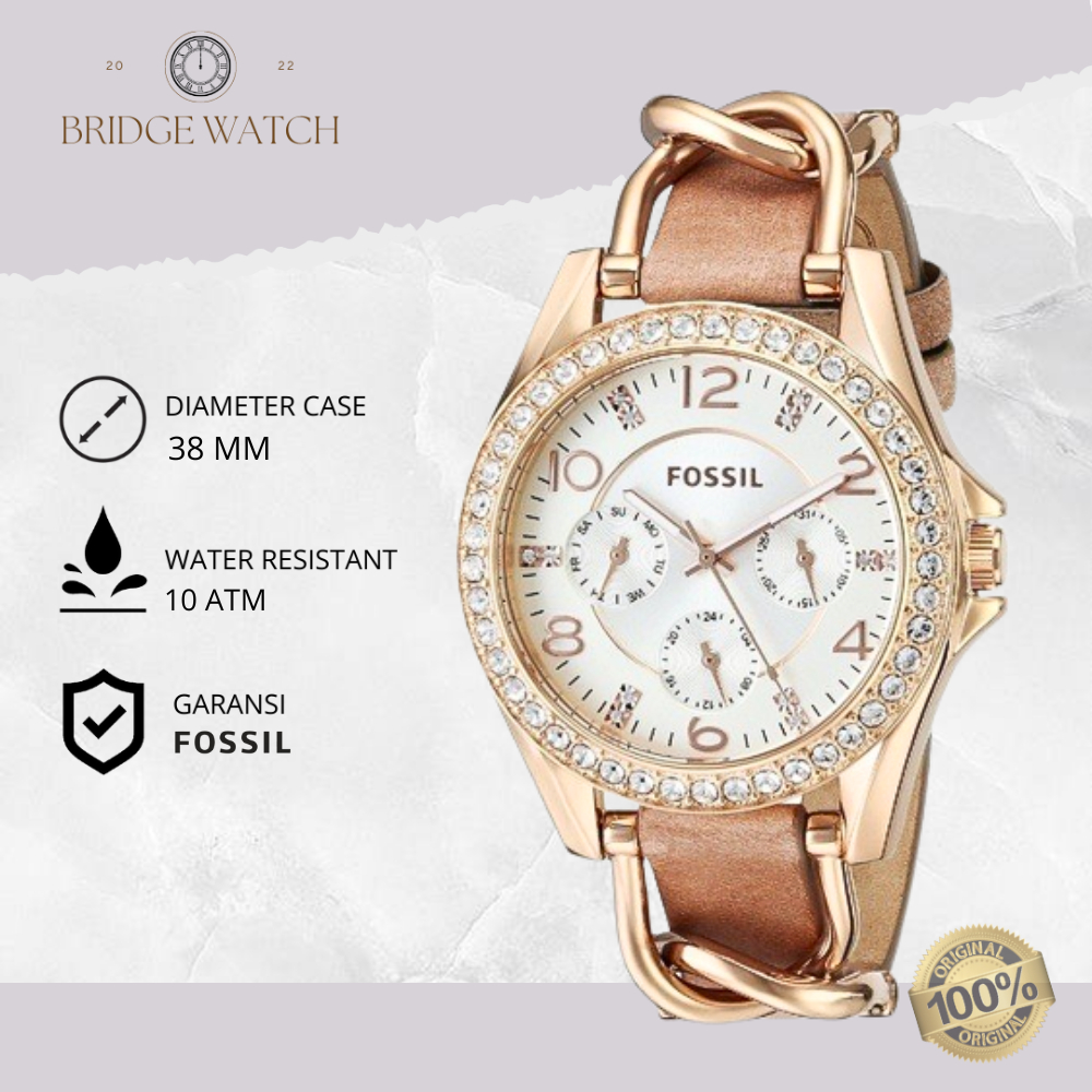 Jam Tangan Wanita Fossil Riley Chronograph Kulit Rose Gold Mewah Casual Original ES3466