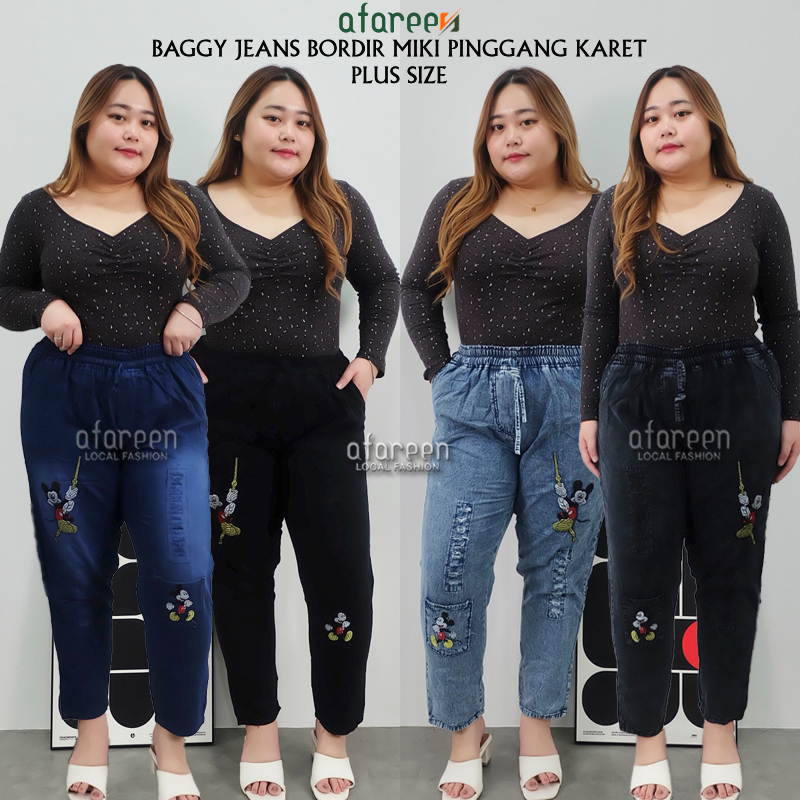 AFAREEN - Kulot Jeans Bordir Mickey Kulot Pinggang Karet Boyfriend Baggy Pants Jumbo BB 60-95 Kg