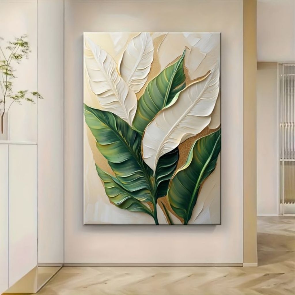 lukisan dinding aestetic ruang tamu bertemakan daun