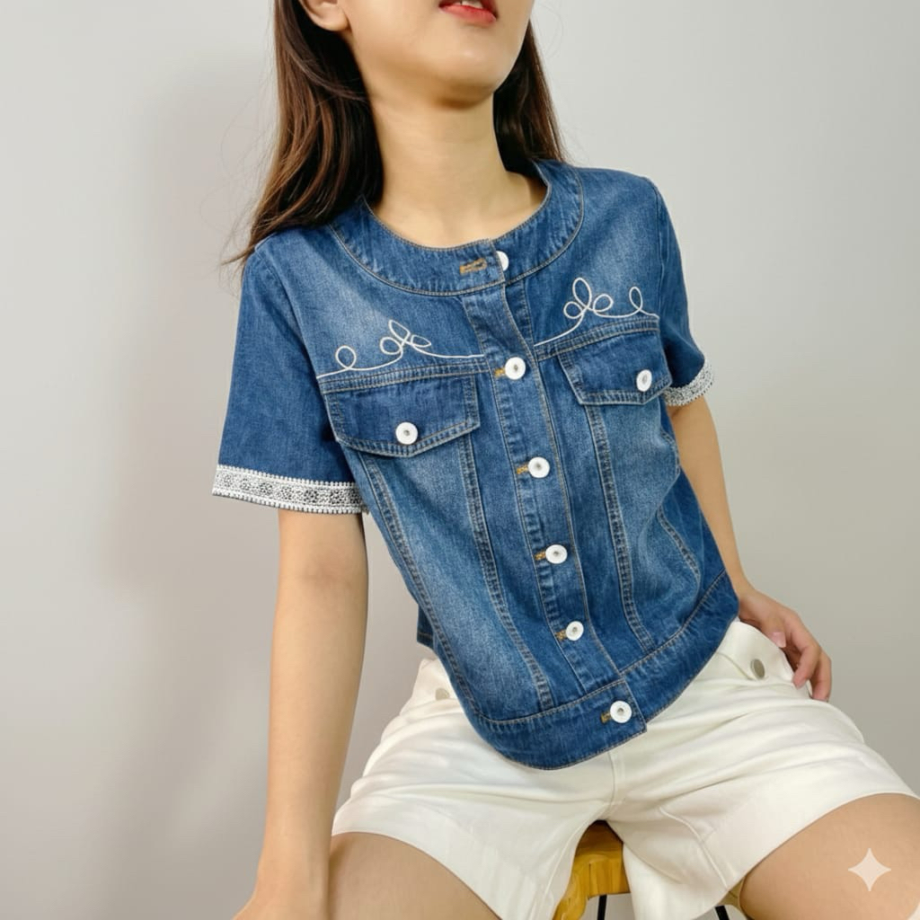 420899 | TOP DENIM KOMBINASI LACE PREMIUM NO STRETCH LENGAN PENDEK