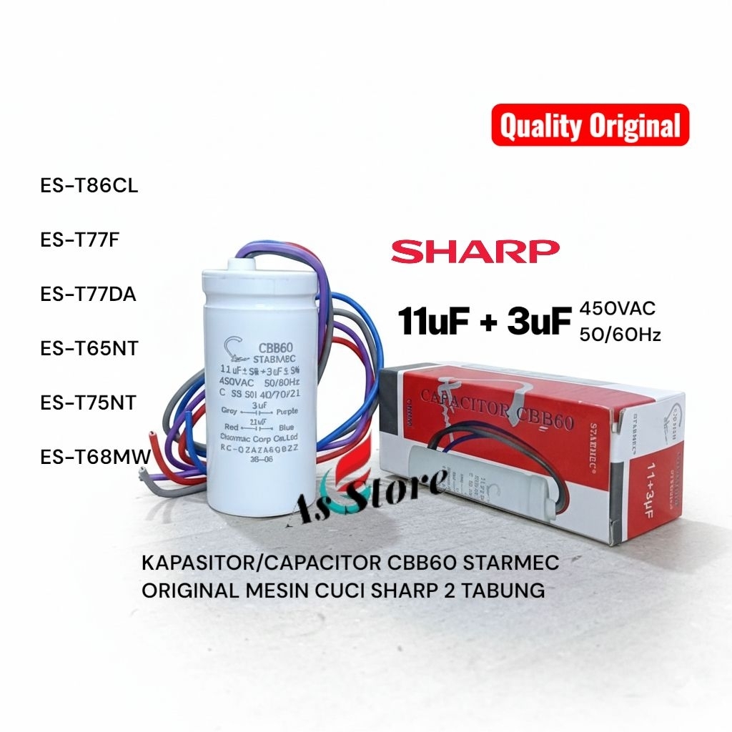 Kapasitor/Capacitor 11uF+3uF CBB60 Original STARMEC Sharp Mesin cuci 2 Tabung ES-T86CL ES-T77F ES-T7