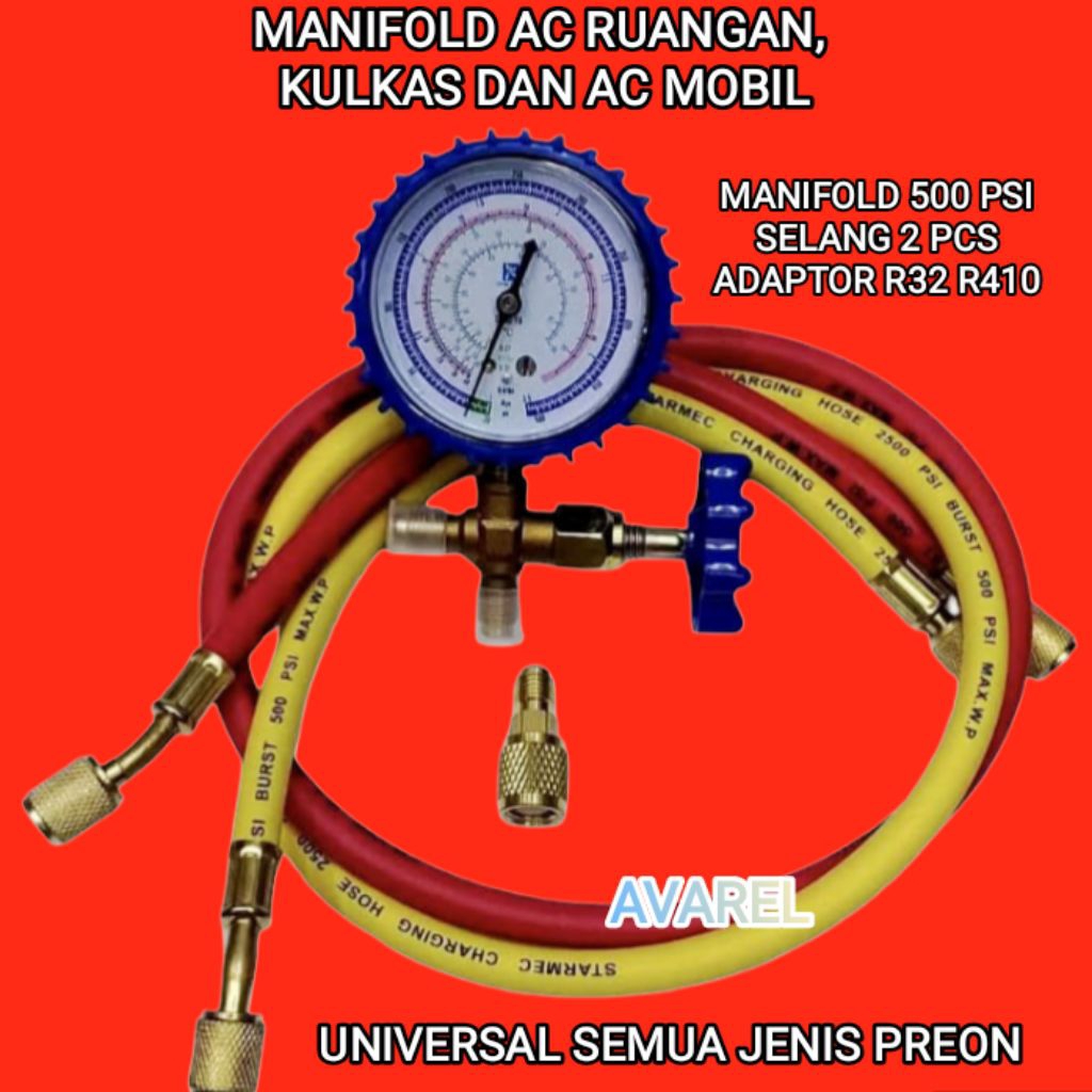 PAKET SINGGEL MANIFOLD AC DAN KULKAS MULTI 500 PSI+ SELANG 2 PCS + ADAPTOR R32/ R410a # TESTING MANI